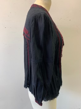 FREE PEOPLE, Black, Wine Red, Navy Blue, Cotton, Viscose, Solid, L/S, Split Open Neckline with 2 Black Corded Tassels, Wine and Navy Embroidery with Silver Beading, Distressed Hem