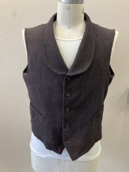 Mens, Historical Fiction Vest, NL, Brown, Black, Wool, Cotton, Check , 44, Shawl Collar, Button Front, 2 Pockets, Buckle Belt In Back, Mults