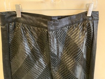 Mens, Sci-Fi/Fantasy Pants, MTO, Black, Poly Vinyl Cloride, Synthetic, Stripes - Diagonal , Geometric, 34/33, Zip Front, Geometric Stretch Waistband/ Inner/ Outer Leg Panels, PVC Diagonally Pleated Fabric