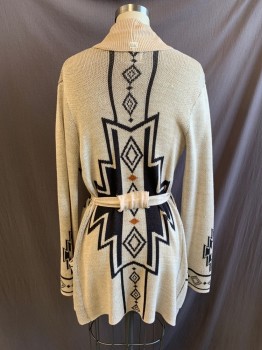 Womens, Cardigan Sweater, BILLABONG, Beige, Black, Burnt Orange, Cotton, Acrylic, Abstract , S, with Matching Belt, Open Front, Long Sleeves