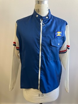 KING'S ROAD, Royal Blue Nylon with White Long Sleeve, Red And Blue Armband, Zip Front, 1 Flap Pckt, Stand Collar with Button Tab, Worn Goodyear Patch Left Breast