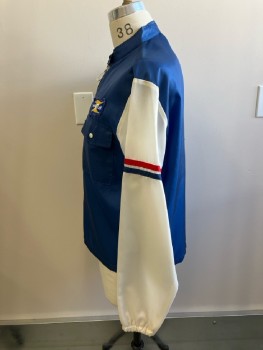 KING'S ROAD, Royal Blue Nylon with White Long Sleeve, Red And Blue Armband, Zip Front, 1 Flap Pckt, Stand Collar with Button Tab, Worn Goodyear Patch Left Breast
