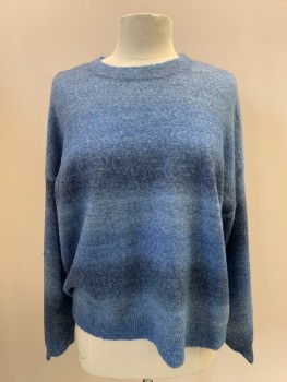 Womens, Pullover, AQUA, Blue, Dk Blue, Acrylic, Polyester, Stripes, Ombre, S, L/S, CN, Longer In The Back