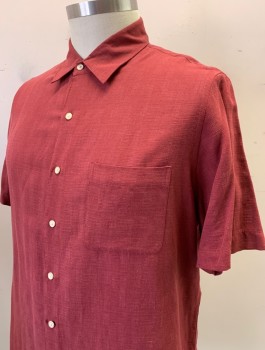 TASSO ELBA, Cranberry Red, Silk, Linen, Solid, Textured Fabric, Short Sleeves, Button Front, Collar Attached, 2 Patch Pocket, Oversized Fit
