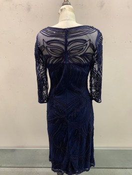 Womens, Cocktail Dress, JS. COLLECTIONS, Navy Blue, Polyester, Floral, Solid, W28, B34, Boat Neck, Zip Back, Navy Lining, Black Beading, Sheer