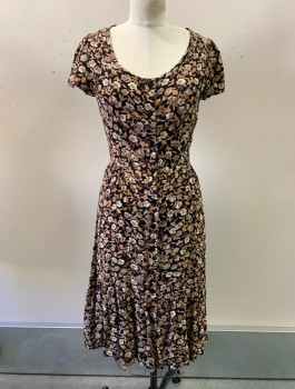 Womens, Dress, Short Sleeve, CHRISTY DAWN, Black, Beige, Taupe, Rayon, Floral, S, Crepe, Cap Sleeves, Scoop Neck, Button Front, Knee Length, Ruffle at Hem, 90's Inspired