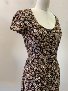 Womens, Dress, Short Sleeve, CHRISTY DAWN, Black, Beige, Taupe, Rayon, Floral, S, Crepe, Cap Sleeves, Scoop Neck, Button Front, Knee Length, Ruffle at Hem, 90's Inspired