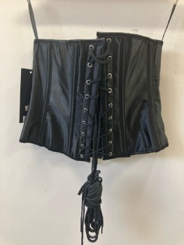 BEDROOM STORIES, Black, Polyester, Solid, Satin, CF Busk Cloisure, Plastic Boning On Seams, CB Laciing W/Vanity Panel, Waist Corset