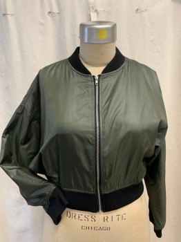 Womens, Casual Jacket, FOREVER 21, Olive Green, Black, Polyester, Solid, Speckled, L, Self Wrinkled Print, Dropped Shoulder Long Sleeve Bomber, Zip Front, Black Ribbed Trim at Stand Collar, Cuff, and Gathered Waist
