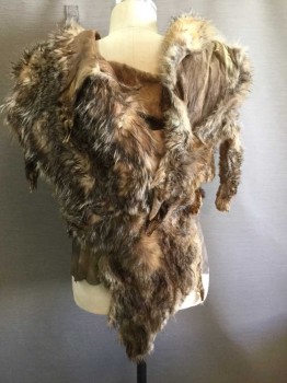 Mens, Historical Fiction Shirt, MTO, Brown, Multi-color, Fur, Abstract , S Mens, Animal Pelts, Bone Applique Lower Left Front, Velcro Open On Sides and Left Shoulder, Dangling Paws and Claws, Very Well Made, Fur Is Intentionally Mangy and Gelled, Neanderthal, Barbarian, Early Man, Multiples