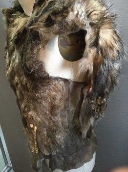 Mens, Historical Fiction Shirt, MTO, Brown, Multi-color, Fur, Abstract , S Mens, Animal Pelts, Bone Applique Lower Left Front, Velcro Open On Sides and Left Shoulder, Dangling Paws and Claws, Very Well Made, Fur Is Intentionally Mangy and Gelled, Neanderthal, Barbarian, Early Man, Multiples