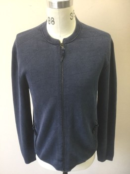 Mens, Cardigan Sweater, JOHN VARVATOS, Navy Blue, Cotton, Solid, M, Knit, Long Sleeves, Zip Front, Bumpier Texture Knit at Shoulders, Sleeve Outseam, and Around Zipper Placket and 2 Zip Pockets