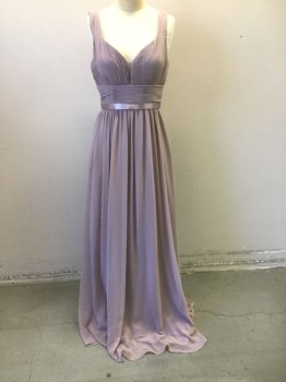 Womens, Evening Gown, CINDERELLA DIVINE, Mauve Pink, Polyester, Solid, S, Chiffon, Sleeveless, V-neck, Finely Pleated Bust & Empire Waistband, 1" Wide Mauve Satin Band at Waist, Invisible Zipper at Center Back, Floor Length Hem