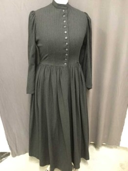 MTO, Charcoal Gray, Lt Gray, Wool, Stripes - Vertical , Made To Order, Button Front, Gathered Skirt, Band Collar, Long Sleeves,