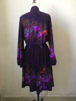 MONTCLAIR, Purple, Red, White, Yellow, Teal Blue, Polyester, Floral, Knit Poppy Like Print, Long Sleeves, Self Tie at Neck with Slit Center Front. Elasticated Waist with Permanent Pleated Skirt. Length to Knee. No Belt