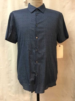JOHN VARVATOS, Navy Blue, French Blue, Cotton, Floral, Navy/ French Blue Leaf Print, Button Front, Collar Attached, Short Sleeves,