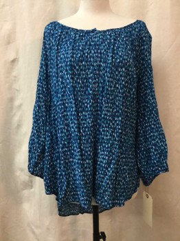 Womens, Top, ST JOHNS BAY, Blue, Navy Blue, White, Turquoise Blue, Rayon, Novelty Pattern, 1X, Blue/navy/white/turquoise Novelty Print, 6 Buttons, 3/4 Sleeve, Scoop Neck
