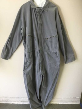 Mens, Coveralls Men, RTR, Lt Gray, Poly/Cotton, Solid, 44, 52, Zip/Snap Front, Collar Attached, Cross Over Snap Neck, Long Sleeves, Multi Pocket, Pleated Back, Elastic Back Waist, Pen on Neck