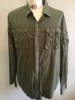 SEAN JOHN, Olive Green, Cotton, Solid, Long Sleeve Button Front, Collar Attached, Mesh Panel Horizontally Across Chest, 2 Flap Pockets, One with 2 Compartments, Cargo Pocket On One Sleeve, Military Inspired