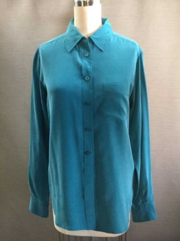 Womens, Blouse, EQUIPMENT, Teal Blue, Silk, Solid, XS, Long Sleeves, Button Front, Collar Attached, 1 Pocket