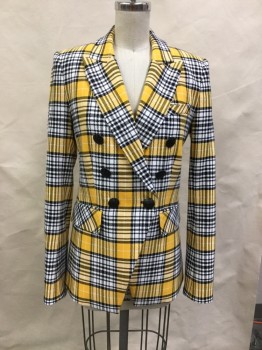 Womens, Suit, Jacket, VERONICA BEARD, White, Black, Yellow, Synthetic, Plaid, 0, Double Breasted, 3 Pockets, Real Button Cuffs, Peaked Lapel,