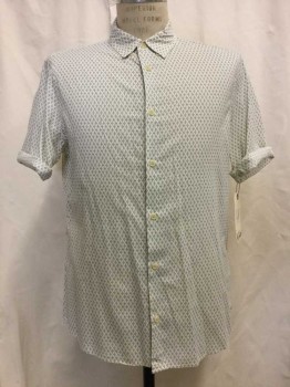 Mens, Casual Shirt, ALL SAINTS, Ivory White, Gray, Black, Cotton, Novelty Pattern, M, Ivory, Gray/black Novelty Print, Button Front, Collar Attached, Short Sleeves,