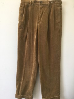 Mens, Casual Pants, BROOKS BROTHERS, Camel Brown, Cotton, Ins:30, W:32, Corduroy,  Cuffed Hems, Pleated, Zip Fly, 4 Pockets, 2 Rear Pockets Have Buttons,
