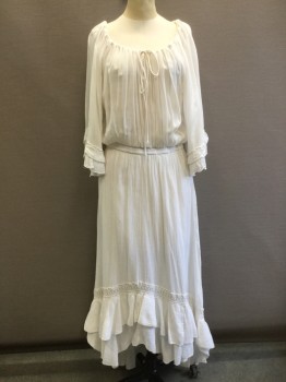 Womens, Dress, Long & 3/4 Sleeve, DENIM & SUPPLY, White, Cotton, Solid, W 27, Sm/Med, Crepe, Drawstring Gathered Scoop Neck, Keyhole Center Front, Raglan 1/2 Sleeves with 2 Tier Ruffle Hem, Elastic Waist, Maxi Dress, High-Low Hem, Tiered Ruffle Hem with Crochet Lace Trim