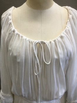 Womens, Dress, Long & 3/4 Sleeve, DENIM & SUPPLY, White, Cotton, Solid, W 27, Sm/Med, Crepe, Drawstring Gathered Scoop Neck, Keyhole Center Front, Raglan 1/2 Sleeves with 2 Tier Ruffle Hem, Elastic Waist, Maxi Dress, High-Low Hem, Tiered Ruffle Hem with Crochet Lace Trim