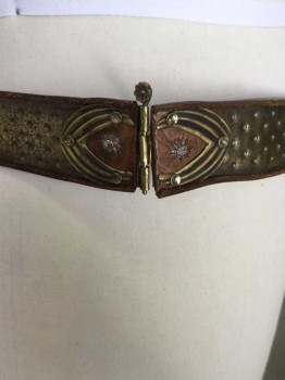 Dk Brown, Brass Metallic, Leather, Metallic/Metal, Dark Brown Belt W/brass Stamped,studs and Buckle Pieces Inlay/attached, 2 Needle Pins & Brown Cord String Brass End Closure, See Photo Attached,