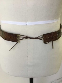 Dk Brown, Brass Metallic, Leather, Metallic/Metal, Dark Brown Belt W/brass Stamped,studs and Buckle Pieces Inlay/attached, 2 Needle Pins & Brown Cord String Brass End Closure, See Photo Attached,
