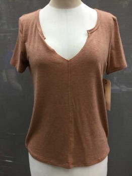 MUDD, Caramel Brown, Polyester, Rayon, Solid, Slit Crew Neck, Short Sleeve,  Seam Down Center Front,