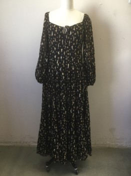 RIXO, Black, Tan Brown, Gold, Polyester, Abstract , Geometric, Scoop Neck with Tie Center Front, , Long Sleeves, Floor Length, Crepe Chiffon with Sheer Slip, Raglan Sleeves with Elastic Cuffs, Gathered Insert Waistband, Side Zipper, Tiered Ruffle Skirt,