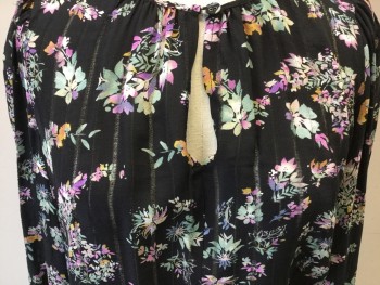 Womens, Top, REBECCA TAYLOR, Black, Green, Pink, Lavender Purple, White, Silk, Floral, 0, Long Sleeves, Self Stripe Pastel Easter Color Floral, Keyhole Neck, Pull Over, Smocked Elastic Cuffs