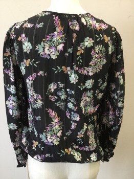 Womens, Top, REBECCA TAYLOR, Black, Green, Pink, Lavender Purple, White, Silk, Floral, 0, Long Sleeves, Self Stripe Pastel Easter Color Floral, Keyhole Neck, Pull Over, Smocked Elastic Cuffs