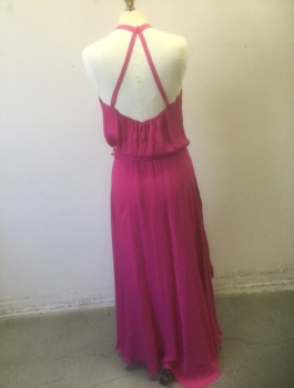 Womens, Evening Gown, HAUTE HIPPIE, Fuchsia Pink, Viscose, Solid, S, 3/4" Halter Straps, Surplice V-neck, Elastic Waist, Crossed Strap Detail in Back, Floor Length with Faux Wrap Detail, Belt Loops, **With Matching Fabric Sash Belt