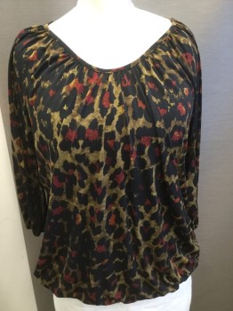 PREMISE STUDIO, Black, Brown, Red, Polyester, Spandex, Animal Print, Boat Neck, 3/4 Sleeves with Elastic, Elastic Waist, Pull Over