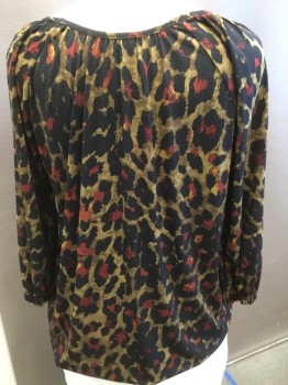 PREMISE STUDIO, Black, Brown, Red, Polyester, Spandex, Animal Print, Boat Neck, 3/4 Sleeves with Elastic, Elastic Waist, Pull Over