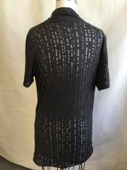 ON/OFF, Faded Black, Cotton, Abstract , Vertical Holes All Over, Cowl Neck, Short Sleeves