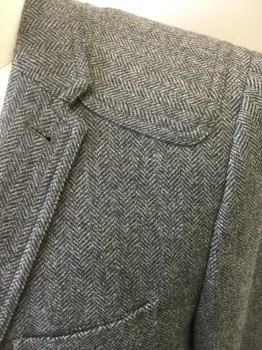 PLECTRUM, Charcoal Gray, Wool, Herringbone, Single Breasted, Collar Attached, Notched Lapel, 4 Pockets, 2 Buttons,  Shoulder Panels, Solid Black Suede Elbow Patches