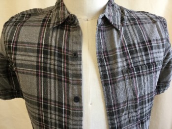 PAC SUN, Heather Gray, Black, Pink, White, Cotton, Plaid, Collar Attached, Button Front, 1 Pocket, Short Sleeves,