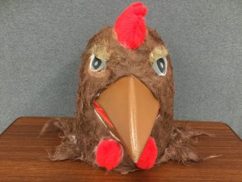 Unisex, Walkabout, MTO, Brown, White, Red, Faux Fur, O/S, ROOSTER: Head:  White with Brown Tips Faux Fur, Solid Plastic Base, Brown/Red Pleather Beak, Red Faux Fur Comb, 2 Red Faux Fur Wattles Under Beak, Wire Mesh Painted Eyes