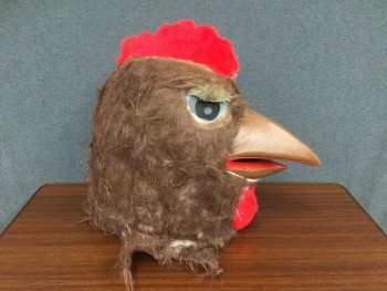 MTO, Brown, White, Red, Faux Fur, ROOSTER: Head:  White with Brown Tips Faux Fur, Solid Plastic Base, Brown/Red Pleather Beak, Red Faux Fur Comb, 2 Red Faux Fur Wattles Under Beak, Wire Mesh Painted Eyes