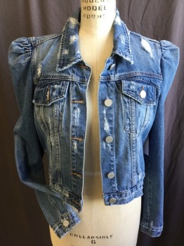 Womens, Jean Jacket, BLANK NYC, Lt Blue, Cotton, Solid, M, Distress/holes All Over,  Collar Attached, Silver Button Front, Puffy Long Sleeves,