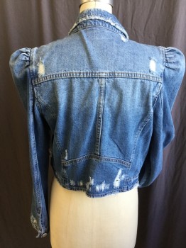 Womens, Jean Jacket, BLANK NYC, Lt Blue, Cotton, Solid, M, Distress/holes All Over,  Collar Attached, Silver Button Front, Puffy Long Sleeves,
