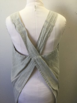 N/L, Oatmeal Brown, Linen, Solid, Thick 2" Straps That Cross Over in Back, 2 Patch Pockets at Hips