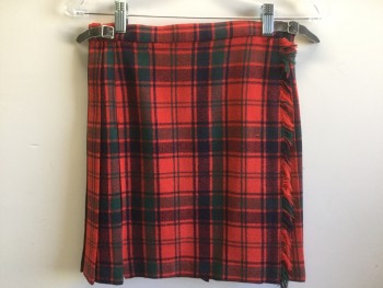 N/L, Red, Dk Green, Navy Blue, Wool, Plaid, Pleated at Back, Wrap, Fringed Front Flap, Belted Waist Tabs