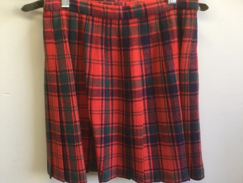 N/L, Red, Dk Green, Navy Blue, Wool, Plaid, Pleated at Back, Wrap, Fringed Front Flap, Belted Waist Tabs