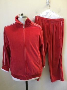SWEATCDO, Red, Cotton, Polyester, Solid, Red Velour Jacket, Zip Front, 2 Zip Pockets, Long Sleeves, White Piping Down Sleeves, Collar Attached, Ribbed Knit Cuff/waistband with White Stripe