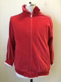 Mens, Sweatsuit Jacket, SWEATCDO, Red, Cotton, Polyester, Solid, M, Red Velour Jacket, Zip Front, 2 Zip Pockets, Long Sleeves, White Piping Down Sleeves, Collar Attached, Ribbed Knit Cuff/waistband with White Stripe